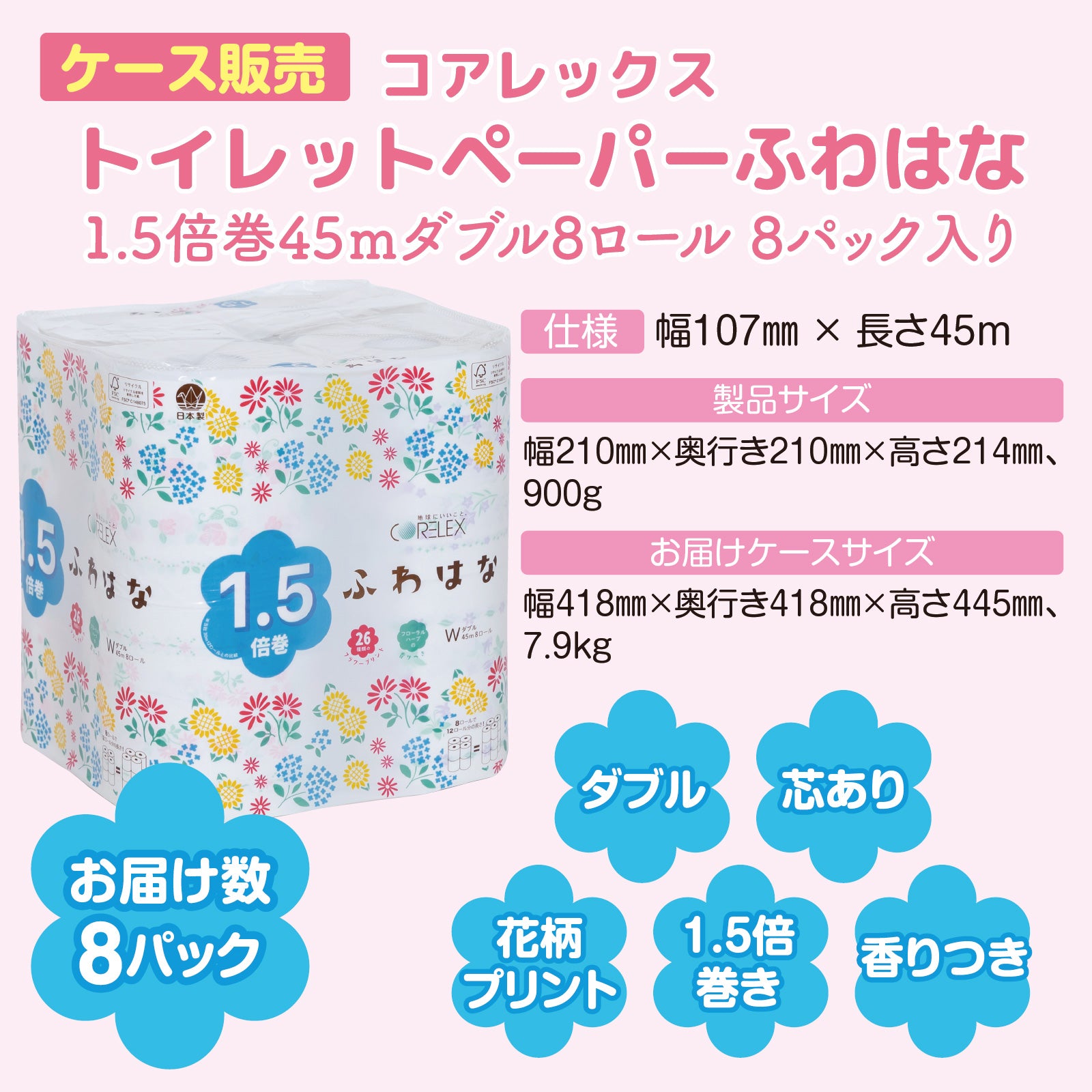 26種類の花柄】ふわはな 1.5倍巻き ダブル 45m｜8ロール｜8