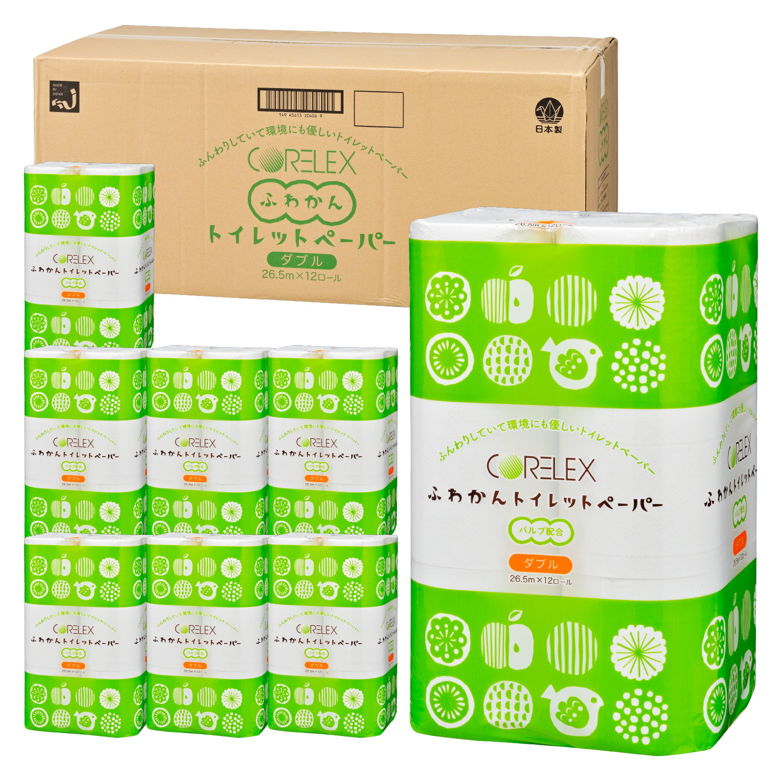 肌触りやわらか】ふわかん ダブル 26.5m｜12ロール｜8パック（芯あり