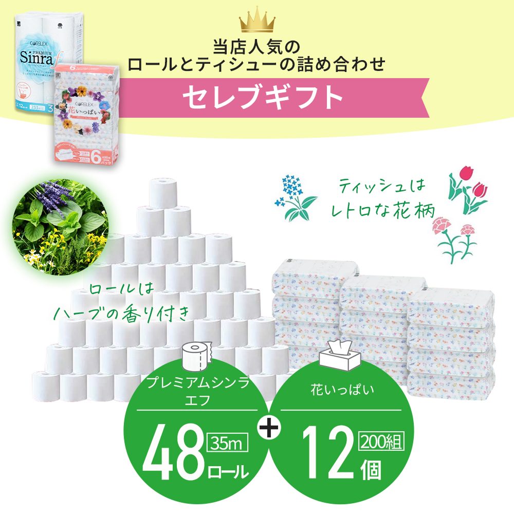 【公式最安値】 セレブギフト｜トイレットロール 48ロール & ソフトパックティシュー12パック デザインにこだわり