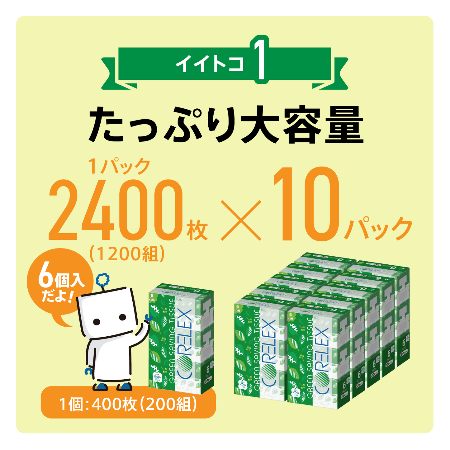 【使い勝手◎】コアレックス グリーンセイビングティシュー 200組｜60パック（6パック×10）