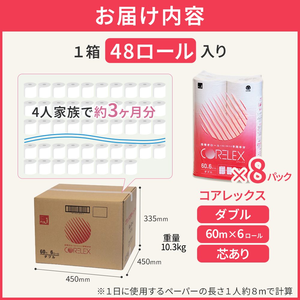 【公式最安値】 コアレックス倍巻きトイレットペーパー ダブル 60m｜6ロール｜8パック（芯あり）