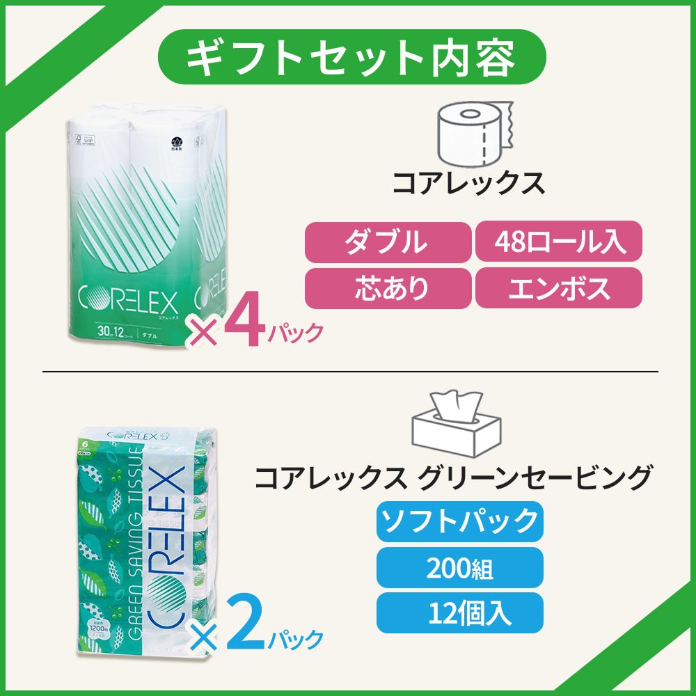 【公式最安値】 コアレックスギフトダブル｜トイレットロール 48ロール & ソフトパックティシュー12パック 迷ったらコレ！