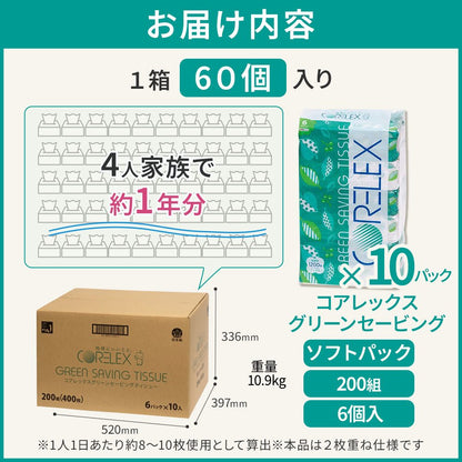【公式最安値】 コアレックス グリーンセービング ソフトパックティシュー 200組｜60パック（6パック×10入） 使い勝手◎