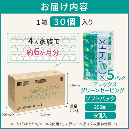 【公式最安値】 コアレックス グリーンセービング ソフトパックティシュー 200組｜30パック（6パック×5入） ハーフケース