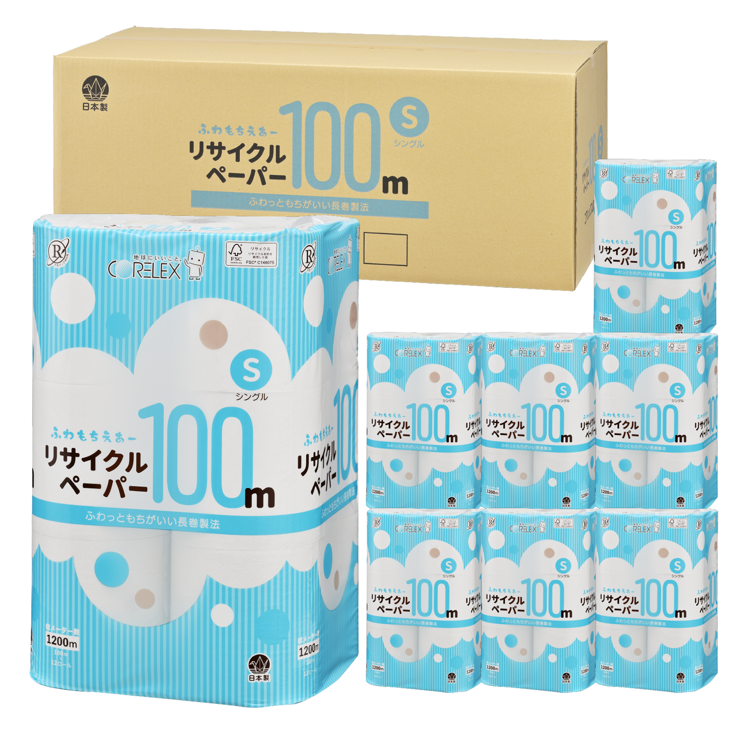 【ふんわり柔らか！】ふわもちえあーリサイクルペーパー長巻タイプ シングル  100m｜12ロール｜8パック（芯あり）