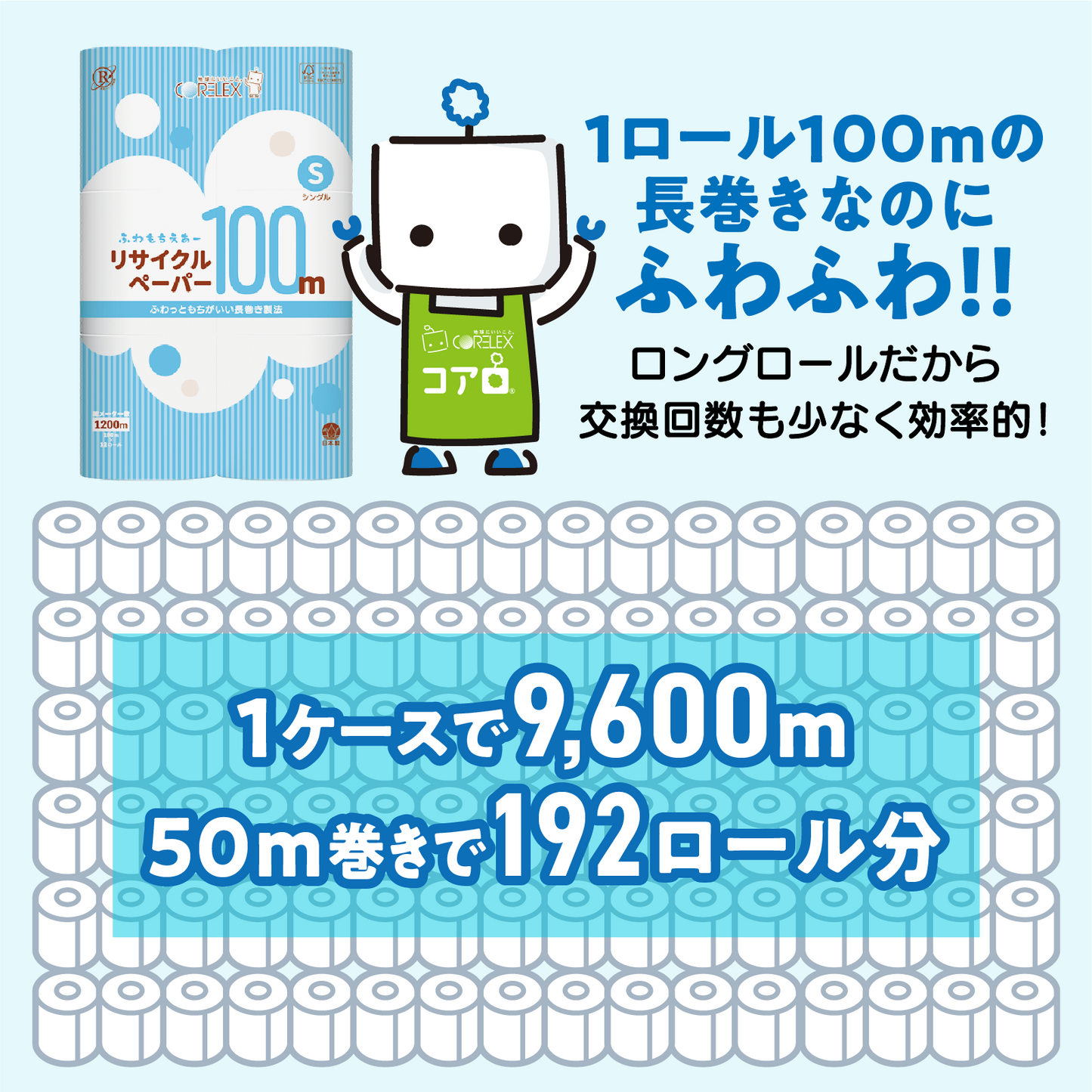 【ふんわり柔らか！】ふわもちえあーリサイクルペーパー長巻タイプ シングル  100m｜12ロール｜8パック（芯あり）
