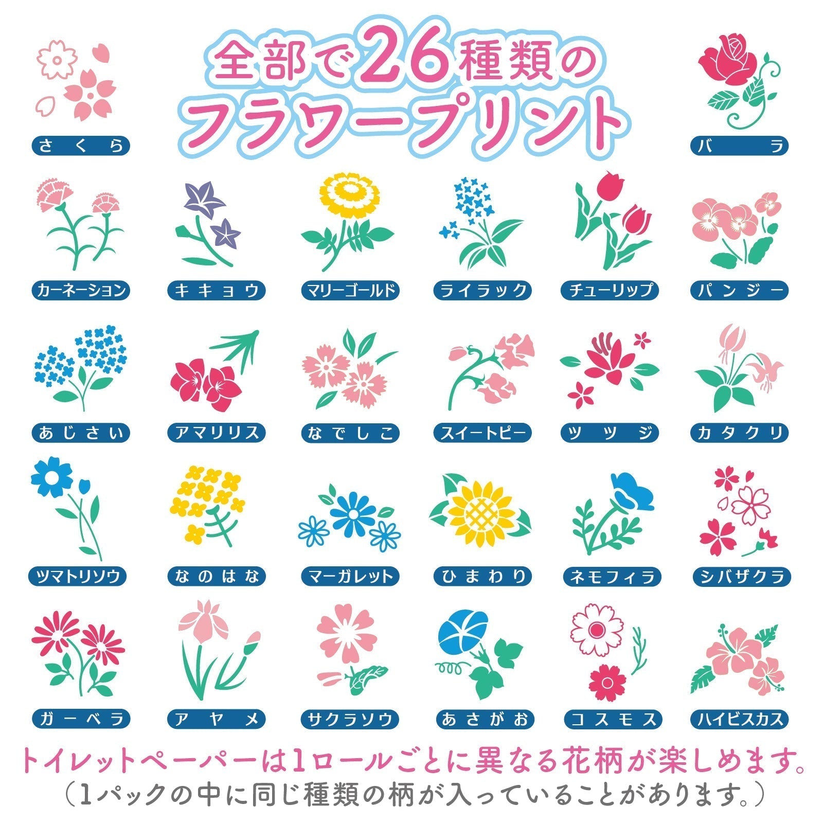 【26種類の花柄】ふわはな  ダブル 30m｜12ロール｜8パック（芯あり）