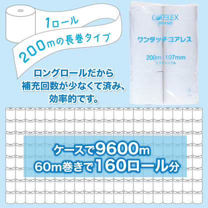 【長巻でコンパクト】業務用ワンタッチコアレス シングル 200m｜6ロール｜8パック（芯なし・太穴）
