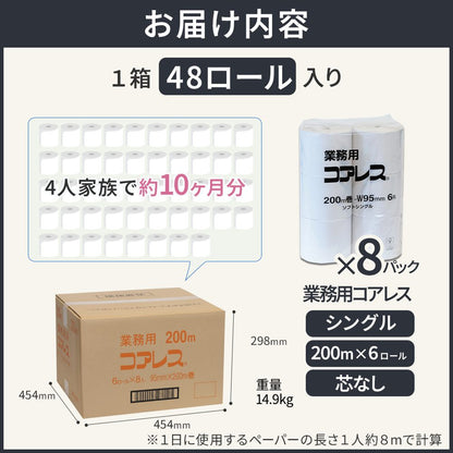 【公式最安値】 業務用コアレス シングル 200m｜6ロール｜8パック（芯なし・細穴） 長巻でコンパクト