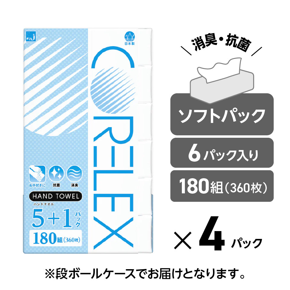 【消臭効果】ハンドタオル 2枚重ね180組（360枚）6個パック｜ケース4パック入［ ソフトパック ］