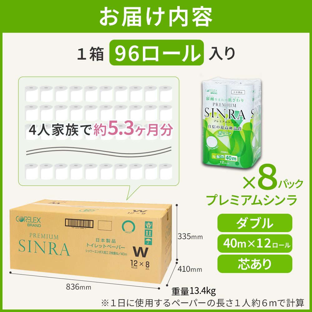 【公式最安値】 プレミアムシンラ ダブル 40m｜12ロール｜8パック（芯あり） シャワートイレに最適
