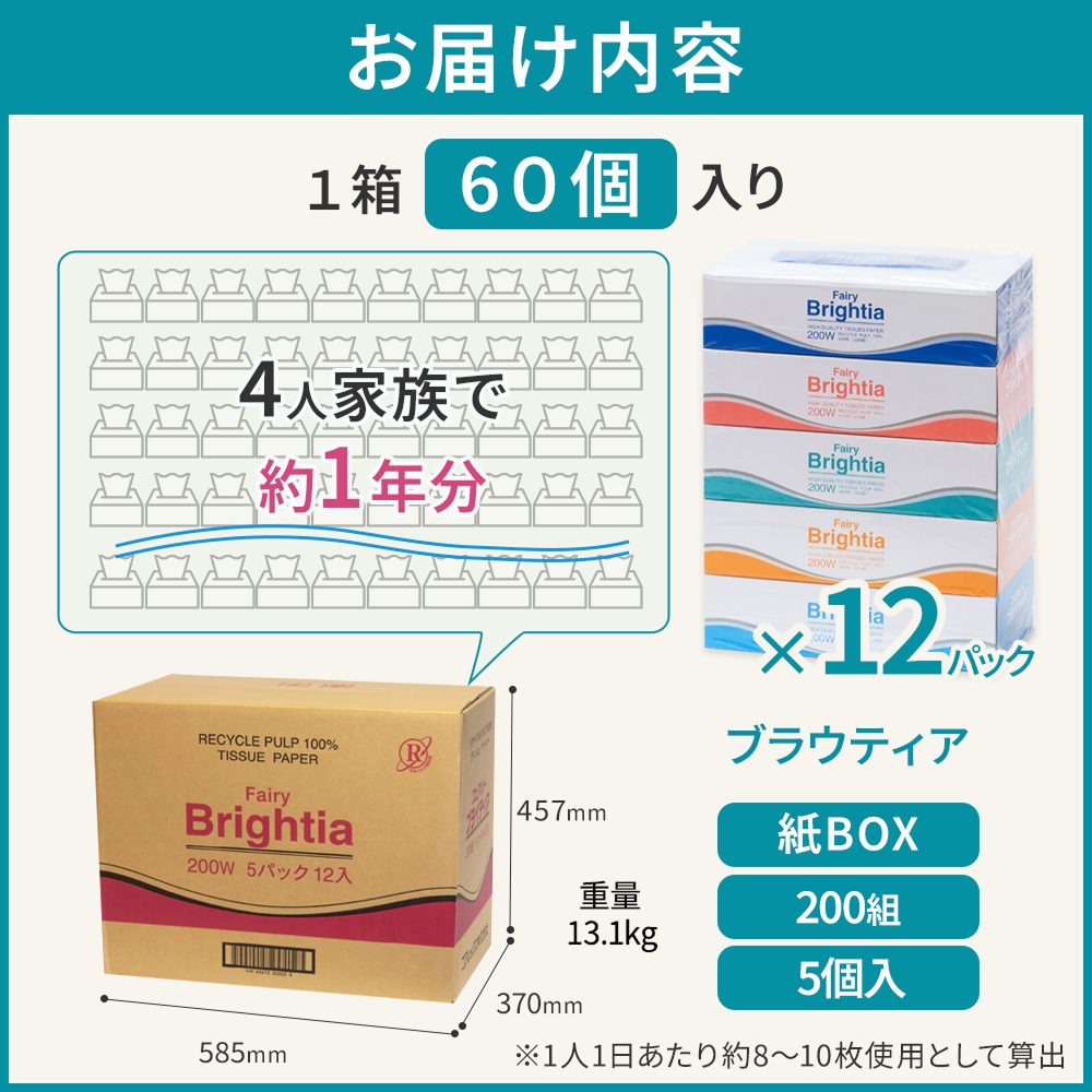 【公式最安値】 ブライティアBOXティシュ― 200組｜60パック（5パック×12入） 紙BOX