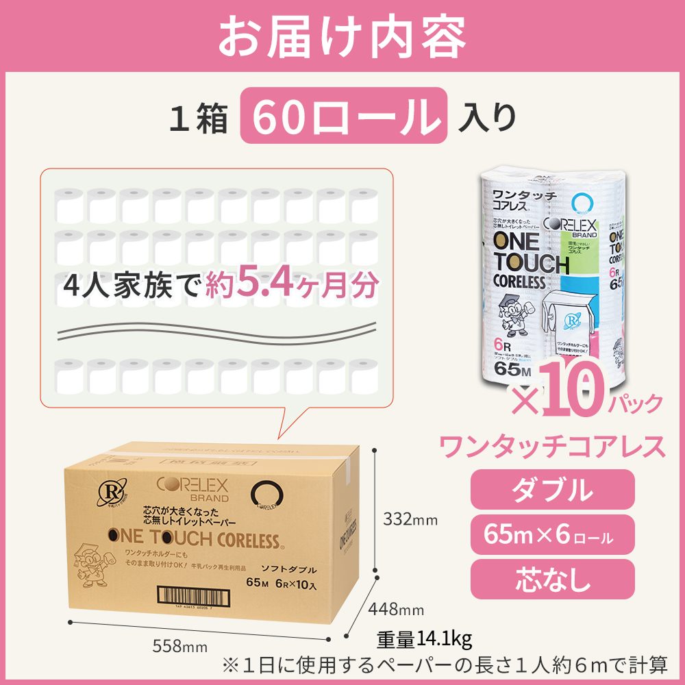 【公式最安値】 ワンタッチコアレス ダブル 65m｜6ロール｜10パック（芯なし・太穴） ダブル派の方におすすめ